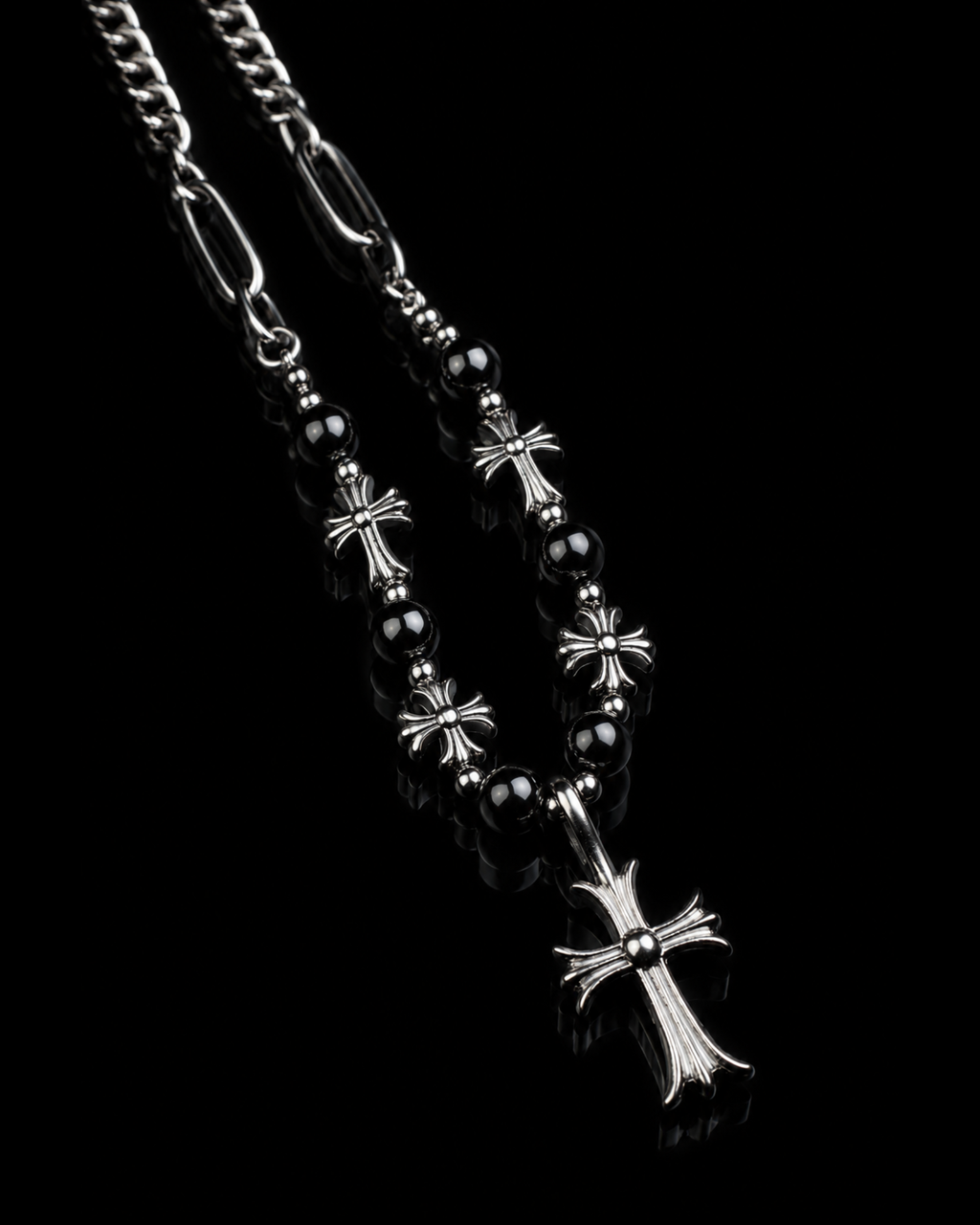 Black Beaded Floral Cross Necklace
