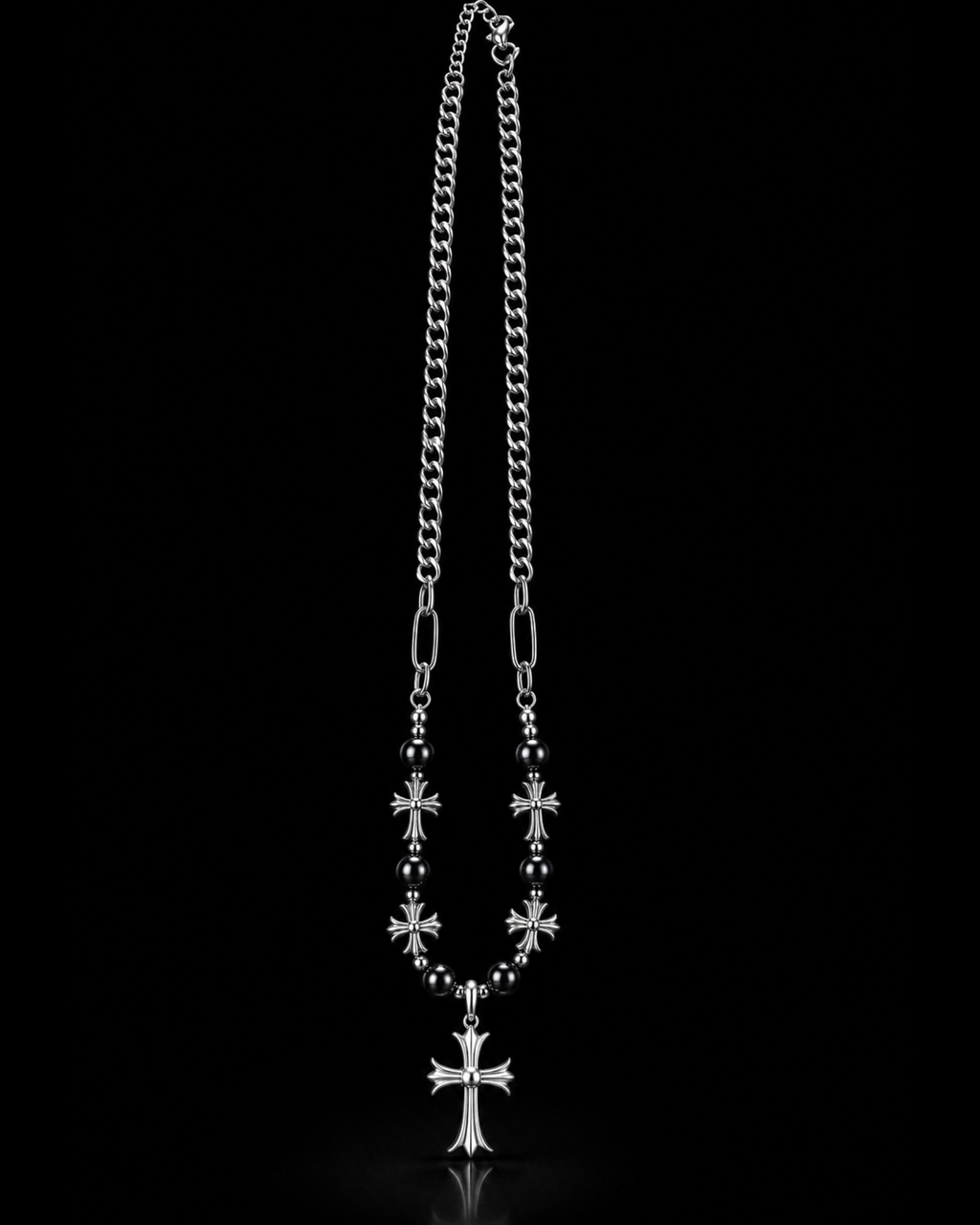 Black Beaded Floral Cross Necklace