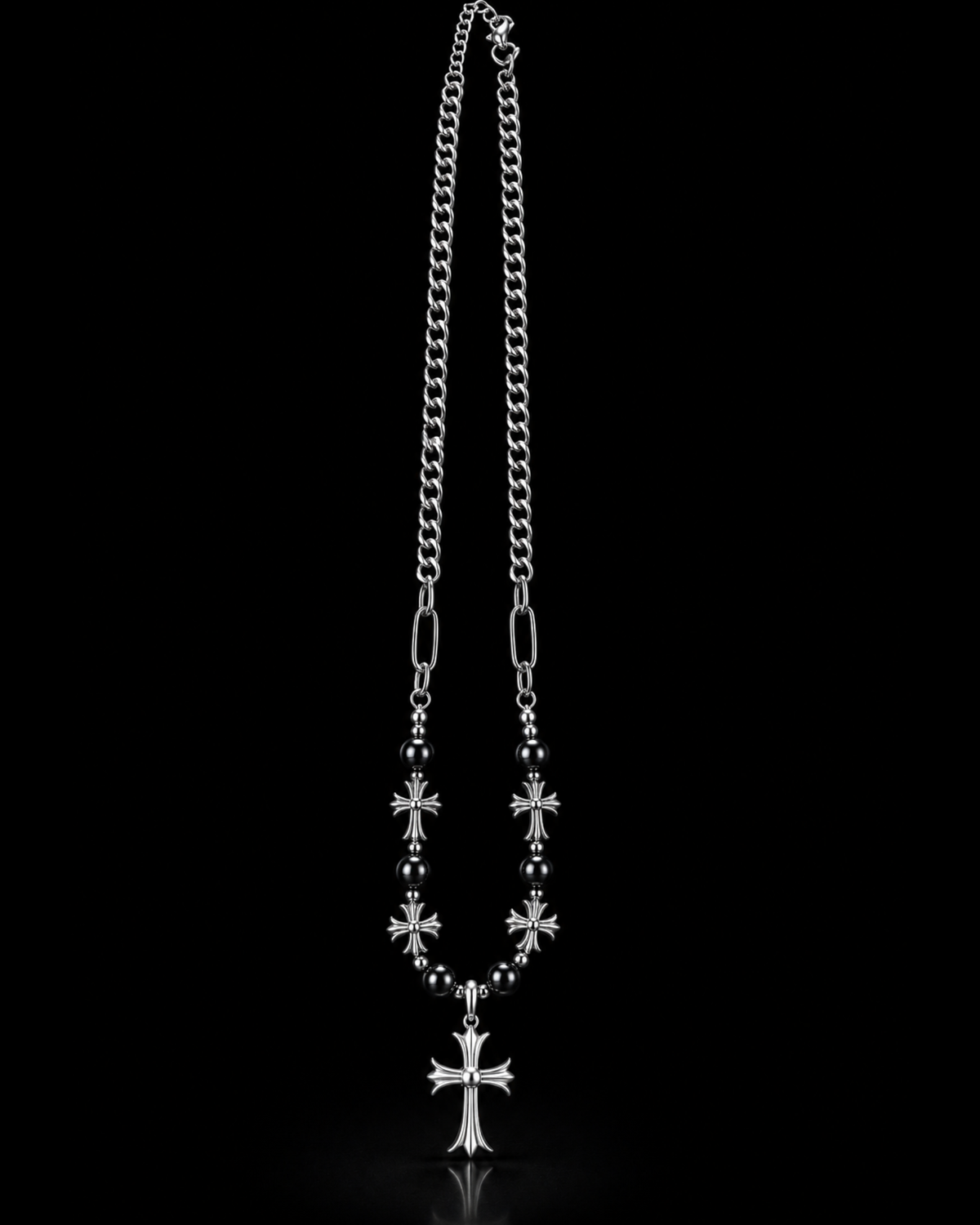 Black Beaded Floral Cross Necklace