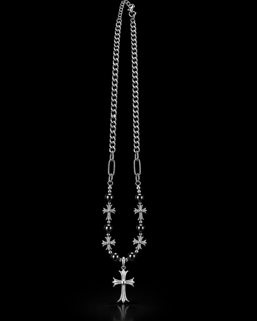 Black Beaded Floral Cross Necklace