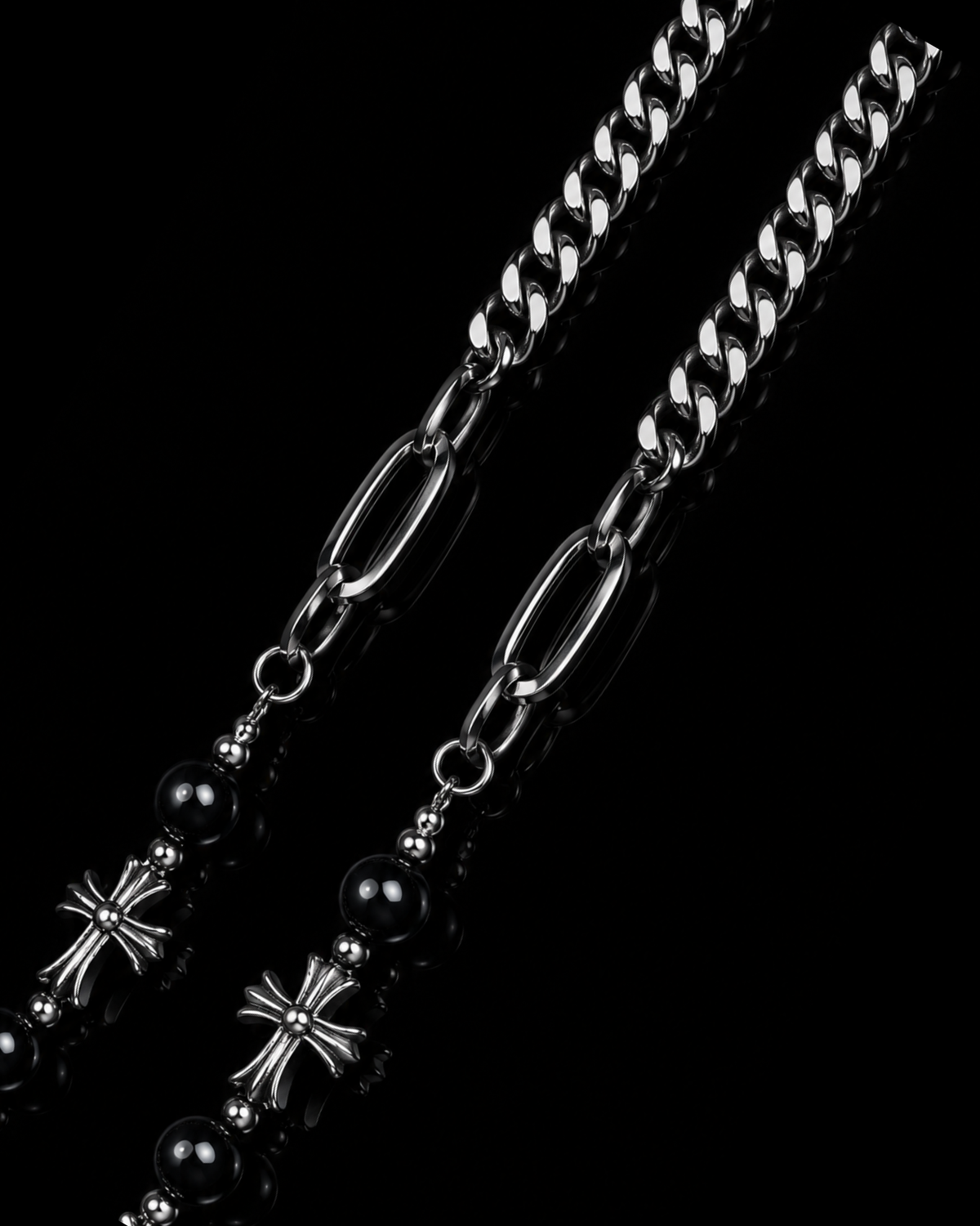 Black Beaded Floral Cross Necklace