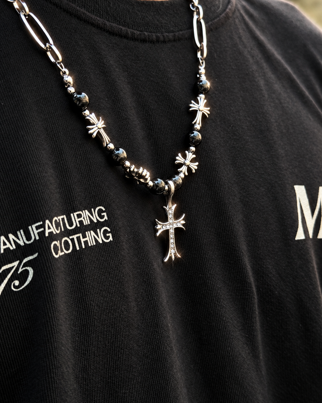 Black Beaded Floral Cross Necklace